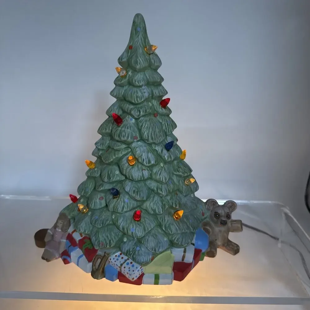 Ceramic Christmas Tree - Presents, Teddy, Doll Below Tree - Read